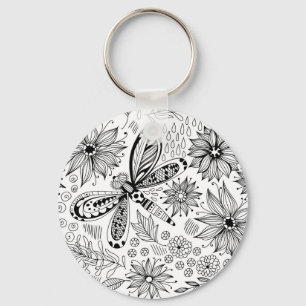 Dragonfly and flowers doodle keychain