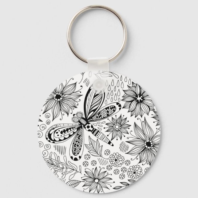 Dragonfly and flowers doodle keychain (Front)