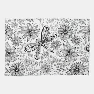Dragonfly and flowers doodle kitchen towel