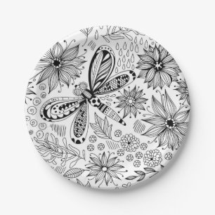 Dragonfly and flowers doodle paper plate