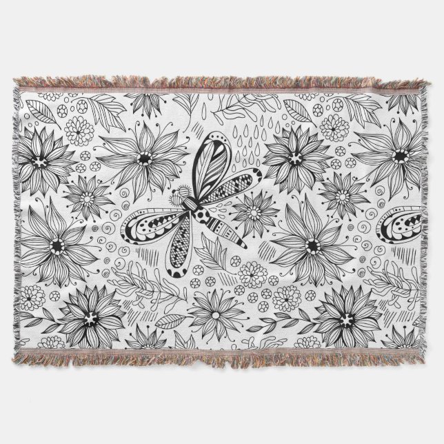 Dragonfly and flowers doodle throw blanket (Front)