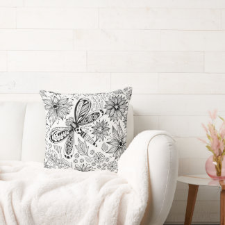 Dragonfly and flowers doodle throw pillow