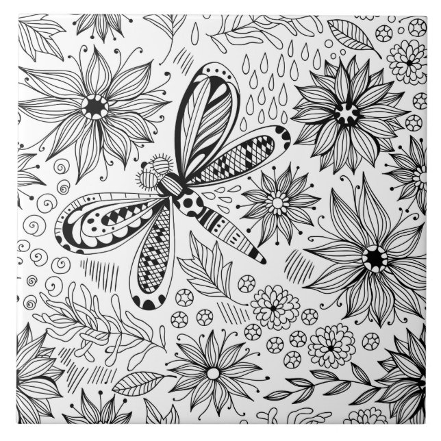 Dragonfly and flowers doodle tile (Front)