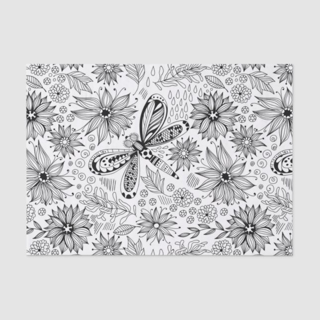 Dragonfly and flowers doodle tissue paper (Front)