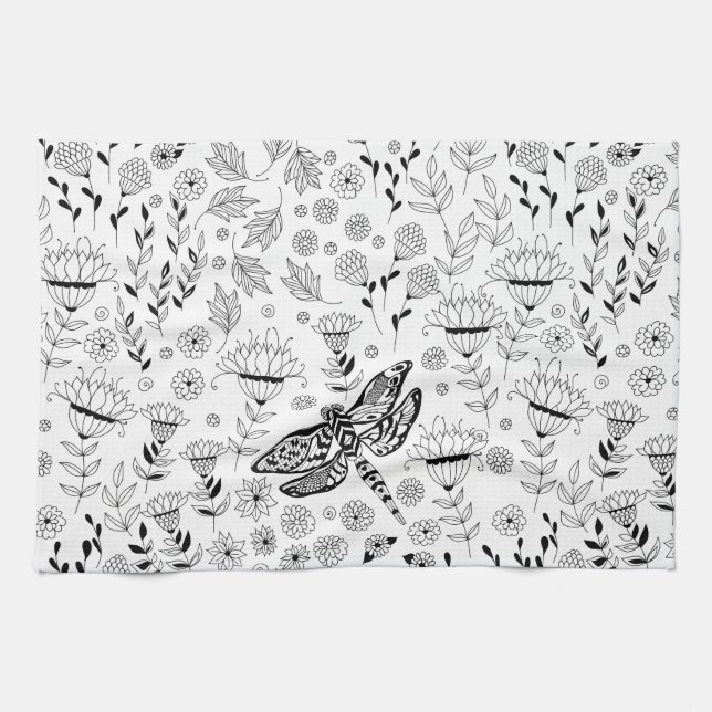 Dragonfly and flowers kitchen towel (Horizontal)