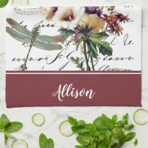 Dragonfly and flowers personalized Kitchen Towels