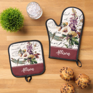 Dragonfly and flowers personalized Kitchen Towels Oven Mitt & Pot Holder Set