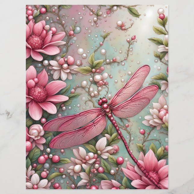 Dragonfly and Flowers Scrapbooking Paper (Front)
