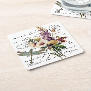 Dragonfly and flowers square paper coaster