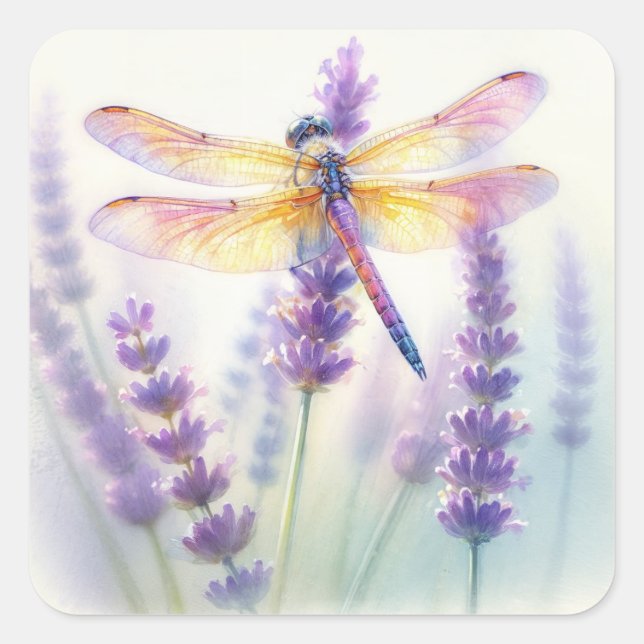 Dragonfly And Lavender Blooms Square Sticker (Front)