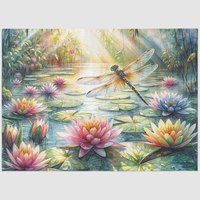 Dragonfly and Lotus Pond Watercolor Tissue Paper (Front)
