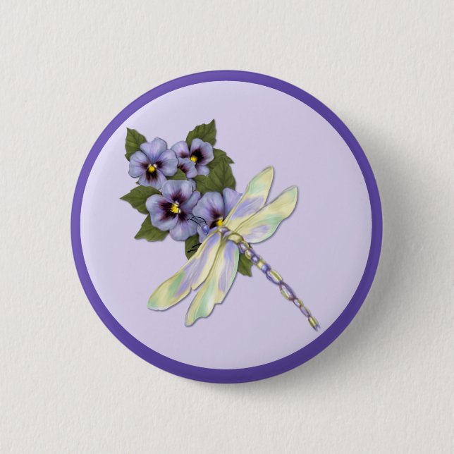 Dragonfly and Pansies 2 Inch Round Button (Front)
