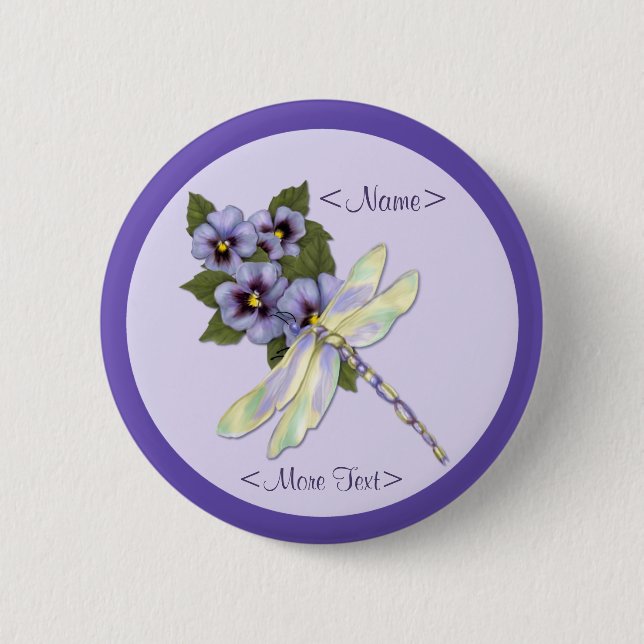 Dragonfly and Pansies 2 Inch Round Button (Front)