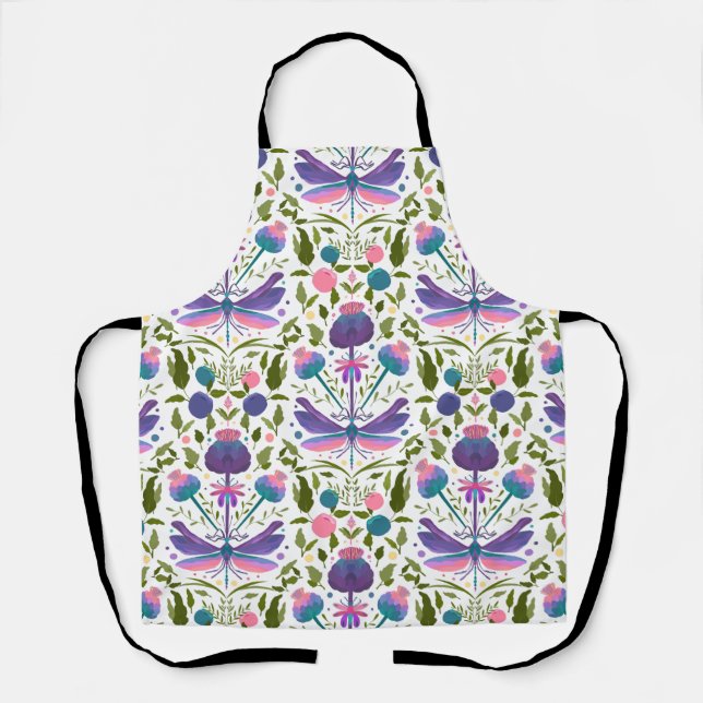 Dragonfly and Scotch Thistle Floral  Apron (Front)