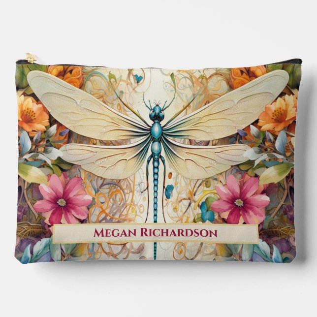 Dragonfly And Wildflowers With Name Accessory Pouch (Front)