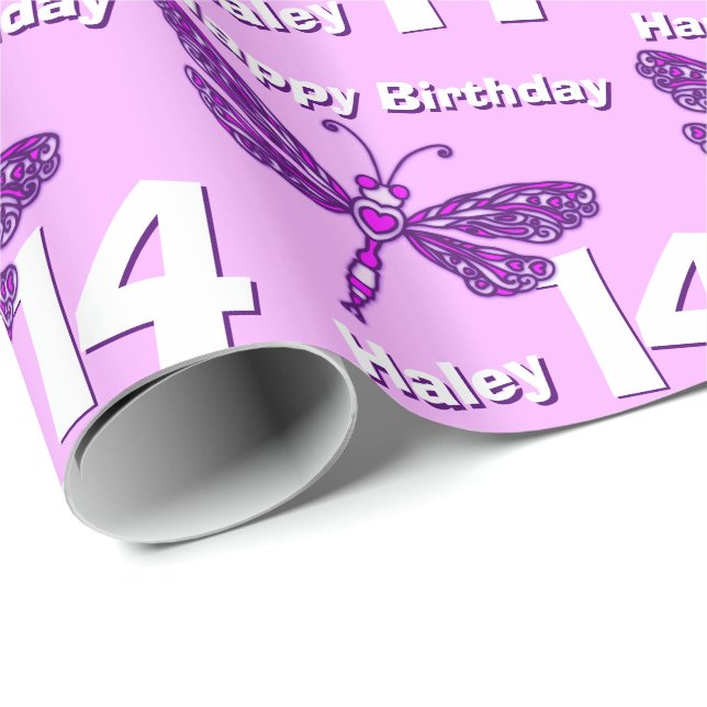 Dragonfly art aqua age name 14th birthday wrap wrapping paper (Roll Corner)