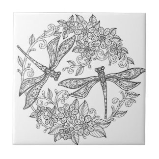 dragonfly art black and white tiles
