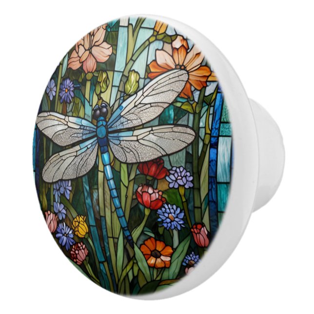 Dragonfly art boho floral botanical stain glass ceramic knob (Right)