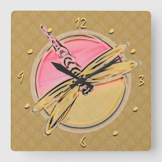 Dragonfly Art in Pink and Gold Square Wall Clock (Front)