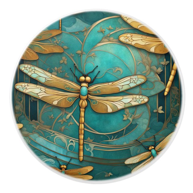 Dragonfly Art Nouveau Art Deco Teal & Gold Insects Ceramic Knob (Front)