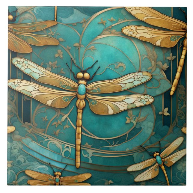 Dragonfly Art Nouveau Art Deco Teal & Gold Insects Tile (Front)