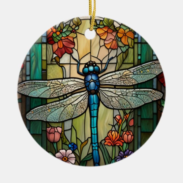 Dragonfly art painting botanical boho chic forest ceramic ornament (Front)