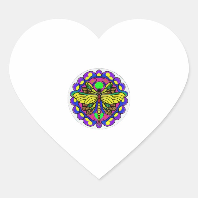 Dragonfly Beautiful, colourful, and ornate  Heart Sticker (Front)