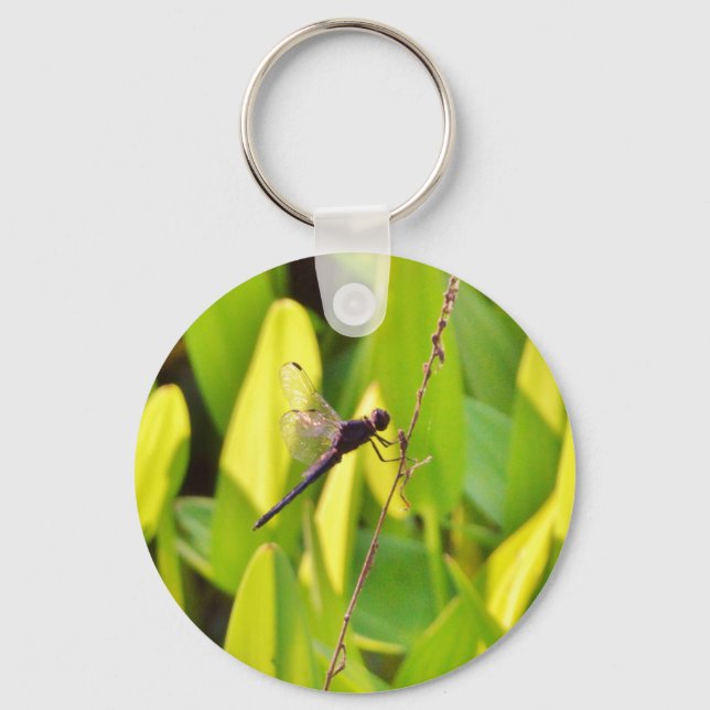 Dragonfly Blue and black on grass. Keychain (Front)