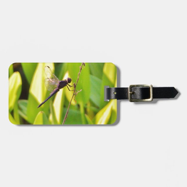 Dragonfly Blue and black on grass. Luggage Tag (Front Horizontal)