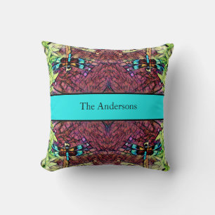 Dragonfly Blue Teal Aqua Black Family Name Throw Pillow