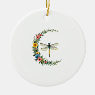 Dragonfly Boho Crescent Moon Peace Sign Hippie Dra Ceramic Ornament