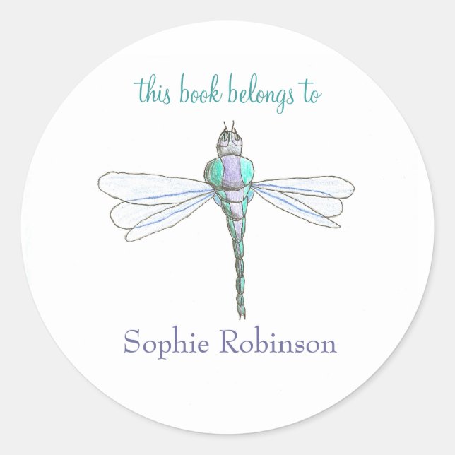 Dragonfly bookplate - "this book belongs to" classic round sticker (Front)