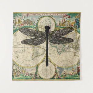 dragonfly Bug Insect Silhouette old map  Tapestry