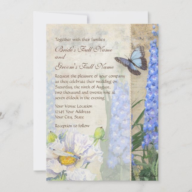 Dragonfly Butterfly Delphinium n Poppy Floral Art Invitation (Front)