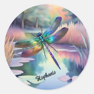 Dragonfly By The Pond  Classic Round Sticker