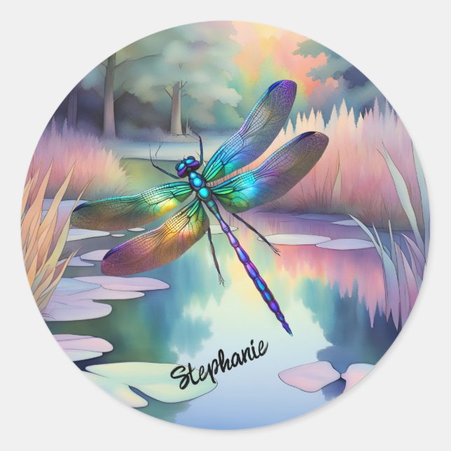 Dragonfly By The Pond  Classic Round Sticker (Front)