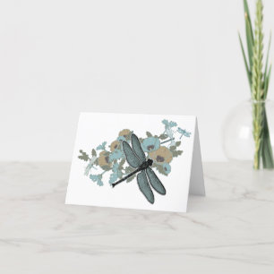 Dragonfly Chic Stylish Flowers Blues Grey Gold Thank You Card