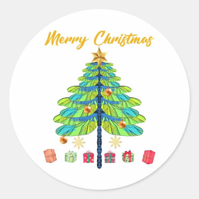 Dragonfly Christmas Tree Gift Classic Round Sticker (Front)