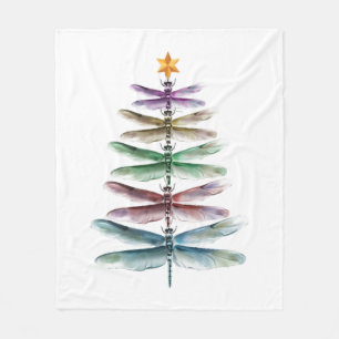 Dragonfly Christmas Tree Merry Christmas Watercolo Fleece Blanket