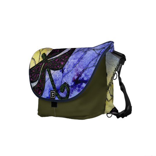 Dragonfly Collage over Watercolor - Blue Yellow Courier Bag