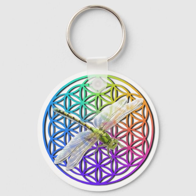 Dragonfly | colourful flower of life | chakra     keychain (Front)