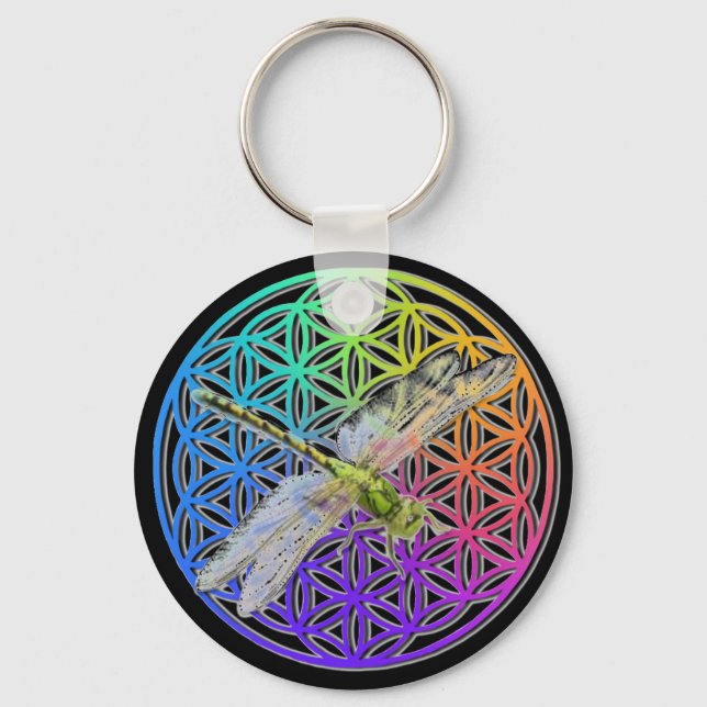 Dragonfly | colourful flower of life | chakra      keychain (Front)
