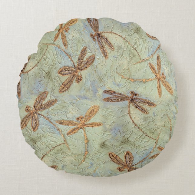 Dragonfly Dance Gold Round Pillow (Front)