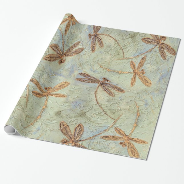 Dragonfly Dance Gold Wrapping Paper (Unrolled)