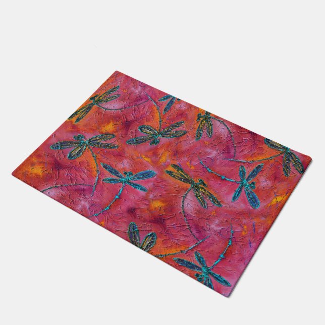 Dragonfly Dance Hot Fuchsia Door Mat (Angled)