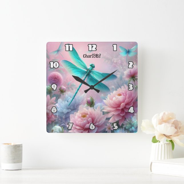 Dragonfly Dreams: Floral, Ethereal, Pastel Square Wall Clock (Home)