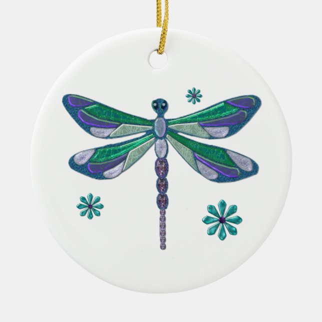 Dragonfly Elegant Jewelled  Folk Art Ceramic Ornament (Front)