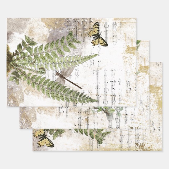 Dragonfly Fern Butterfly Bird Music Gold Decoupage Wrapping Paper Sheet (Set)