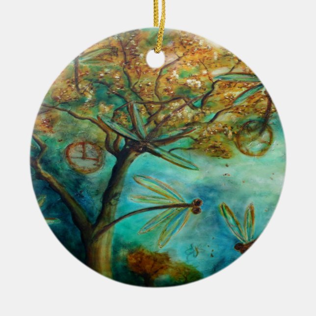 Dragonfly Flirtation Ceramic Ornament (Front)