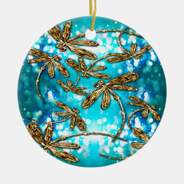 Dragonfly Flit Bubbles Ceramic Ornament (Front)